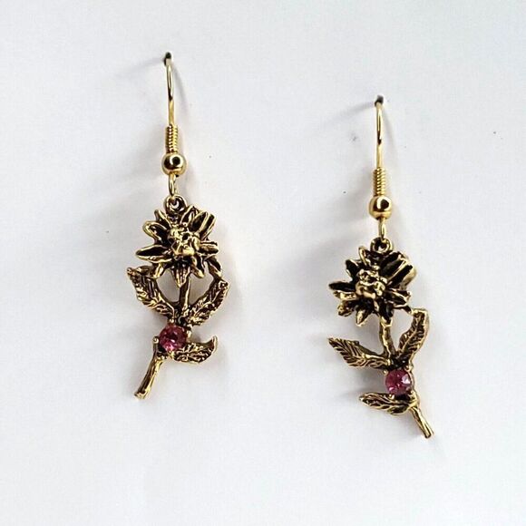 Flowers & Gems Jewelry - Floral Dangle Earrings Marigold Goldtone Pink Crystal October 22kt Antique GP